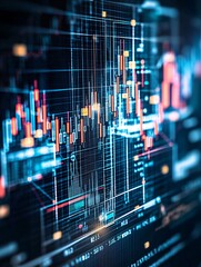 Poster - A close-up of currency symbols intertwined with stock market graphs on a digital interface, capturing the essence of analyzing currency fluctuations on international investments, with a clean area