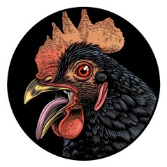 Canvas Print - A close-up of a rooster's head with an open beak and tongue out. The rooster is black with an orange comb and wattle. It has a red eye. The background is black.