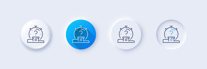 Wall Mural - Quiz line icon. Neumorphic, Blue gradient, 3d pin buttons. Timer with question mark. Faq time symbol. Line icons. Neumorphic buttons with outline signs. Vector