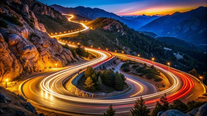 Stunning night scene of vehicles navigating serpentine mountain roads, creating mesmerizing trails of light as headlights stretch across the dark landscape in a blur of motion.