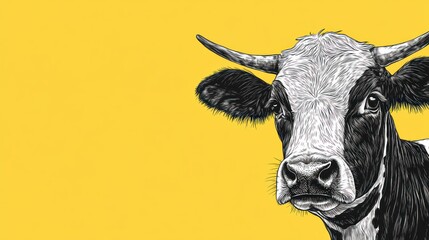 Sticker - Black and white illustration of a cow's head against a yellow background.