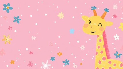 Canvas Print - Cute yellow giraffe with pink spots on a pink background with scattered flowers.
