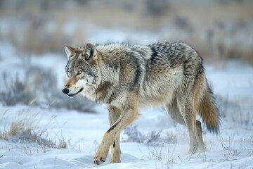  Gray wolf surveys the icy tundra, its fur thick and protective against the harsh cold. The stark landscape highlights the wolf’s strength and adaptability in the wild.