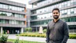 © N7 - An Indian man standing in a university courtyard with greenery and modern campus architecture in the background.