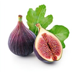 Sticker - A whole fig and a halved fig with green leaves isolated on white background.