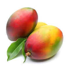 Sticker - Two ripe mangoes with green leaves, isolated on a white background.