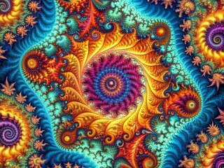 Poster - Vibrant, swirling fractal patterns merge seamlessly into an infinite repeat background, creating a mesmerizing, kaleidoscope-like design that appears to stretch on forever.
