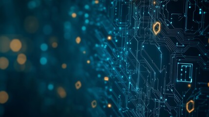 Poster - intricate circuit board design with glowing elements in a digital landscape