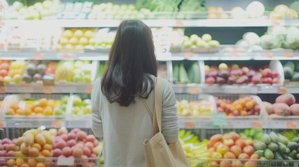 Poster - A woman is shopping for fruits and vegetables in a grocery store