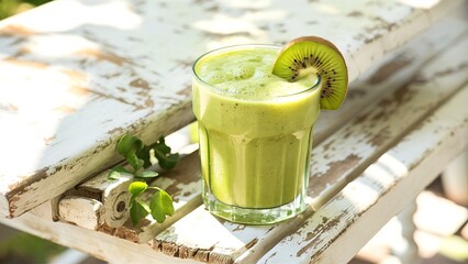 kiwi smoothie in glass on a old white wooden background