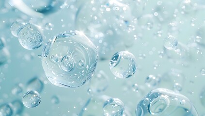 Poster - A close-up of water molecules in an abstract representation, with each one surrounded by clear glass spheres that form a pattern resembling carbon particles and structures on a light blue background