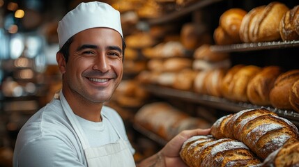 Wall Mural - Portrait of handsome baker at the bakery with breads and oven on the background