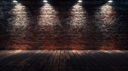 Wall Mural - The walls and the floor are made of black bricks, and there is a searchlight that illuminates the cellar