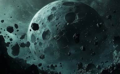 Wall Mural - the solar system with asteroids orbiting the planet. high quality digital space art in 5k.