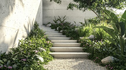 Wall Mural - A contemporary outdoor design featuring green plants stairs and a concrete cafe entrance