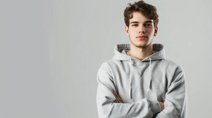 A young man in a grey hoodie stands with his arms crossed in front of a grey background.