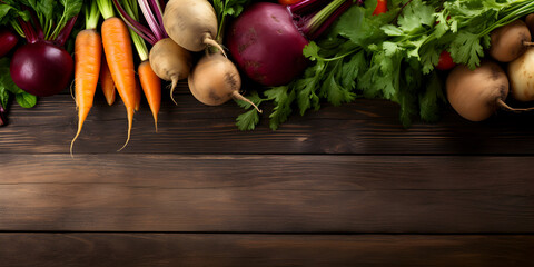 Top view of fresh vegetables on wooden table background with free copy space  