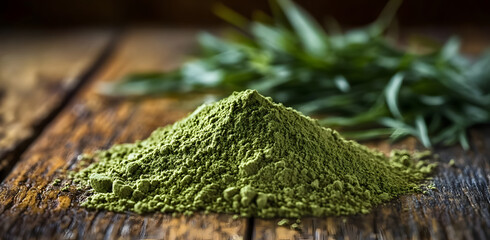 Wall Mural - Close Up of Green Hemp Powder on a Wooden Surface