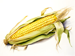 Wall Mural - Watercolor illustration of ripe corn on white background 