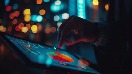 Poster - a person analyzes data on a tablet in a vibrant cityscape at night with colorful lights