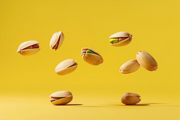 Healthy food snack levitate for advertisement concept. Flying levitating in air fresh raw whole and cracked pistachios nuts isolated on yellow background