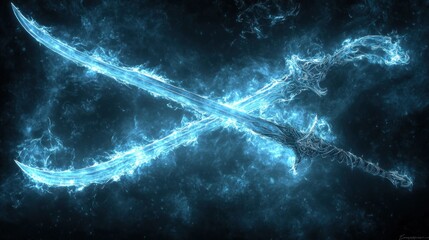 Sticker - Two glowing swords crossed in a blue, magical, ethereal, energy burst on dark background.