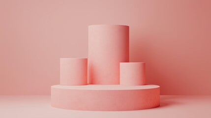 Poster - Minimalist pink display with cylindrical shapes on a pedestal in a softly lit studio