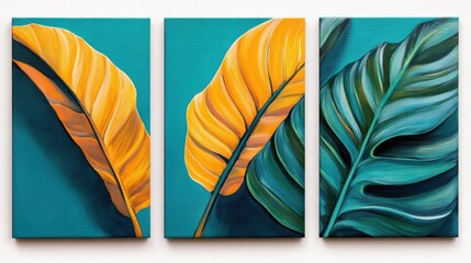 Set of 3 wall art panels with vibrant philodendron leaves abstract painting on a bright cyan background, close up, split into three on white background