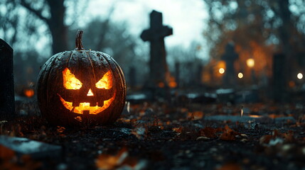 Wall Mural - halloween pumpkin in the graveyard, spooky, luminous, dark