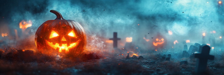 Wall Mural - halloween pumpkin in the graveyard, spooky, luminous, dark