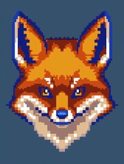 Sticker - Pixel art fox head with blue eyes and a blue nose on a blue background.