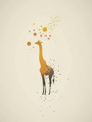 Canvas Print - A minimalist illustration of a giraffe silhouetted against a cream background with an abstract splattered effect in gold and black.