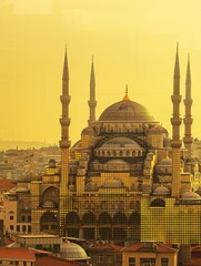 Wall Mural - An aerial view of a mosque with a golden dome and minarets against a yellow sky.