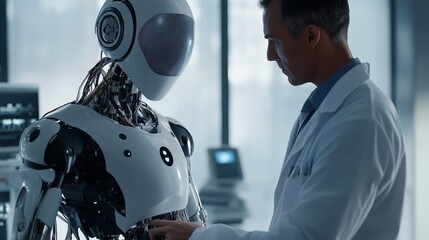  - a scientist interacts with an advanced humanoid robot in a futuristic laboratory during a research s