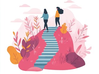 Wall Mural - Gradual Steps Towards Mental Health Recovery A Flat Design Depicting the Journey of Counseling Therapy and Wellness Towards Improved Well Being and Resilience