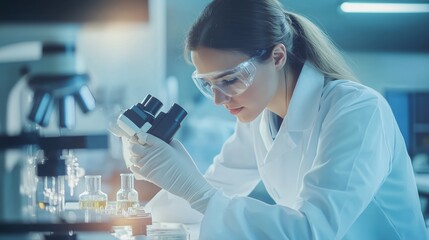 Poster - Scientist examining samples under a microscope in a laboratory at dusk