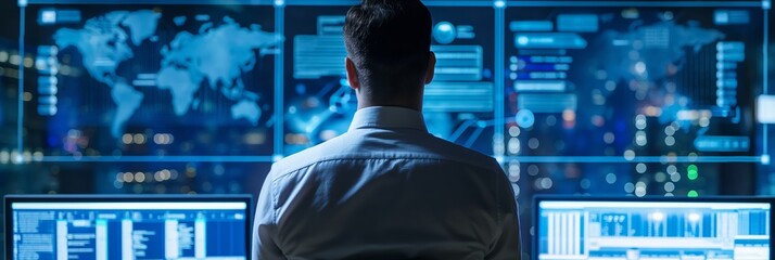 A professional man in a dark room analyzing data on multiple screens, showcasing commitment to technology and modern data analysis.