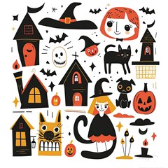 Poster - Cute Halloween Illustration with Houses, Cats, Witches, and Pumpkins