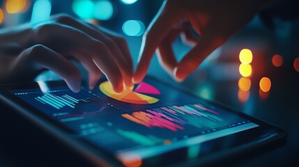 Poster - hands interact with a digital tablet displaying colorful data analytics in a dimly lit environment