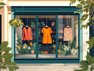 Poster - Trend driven fashion retail window display flat design featuring a clean minimalist composition with geometric shapes patterns and vibrant colors to showcase merchandise and create an inviting