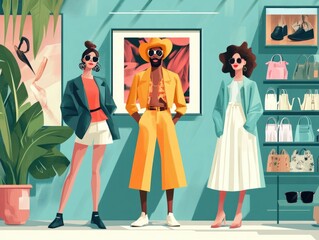 Poster - Trendsetting Fashion Influencers Showcased on Digital Screens in a Minimalist Retail Store Setting Highlighting the Role of Social Media and Online Platforms in Modern Fashion and Commerce
