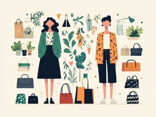 Poster - Retail Fashion Trend Analysis and Market Research Illustrated in a Flat Design Style with Geometric Shapes Patterns and Minimalist Color Palette  Conceptual Image for E commerce Online Shopping