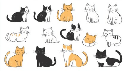  Set of illustration with happy cute different cat character on white color background. Flat line art style design of group of animal cat in different pose