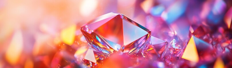 Poster - An abstract crystal background, an iridescent texture, a macro panorama, a faceted gem, and a wide panoramic polygonal wallpaper in 3D