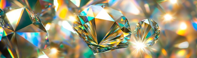 Poster - Wide panorama polygonal wallpaper with abstract crystal background, iridescent texture, macro panorama, faceted gem, 3D render