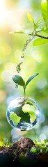 Poster - Water Droplet Falling on Earth Globe With Sprout.