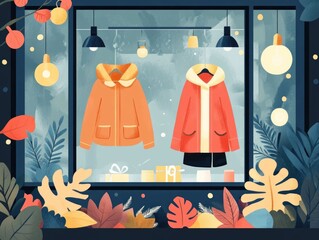 Poster - Seasonal Fashion Merchandising Display Arrangement Flat Design Showcasing Modern and Elegant Retail Store Product Promotion and Branding