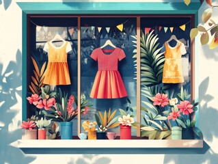 Poster - Creative flat design showcasing a seasonal fashion merchandise display arrangement with minimalist modern and elegant aesthetics for retail shopping and commercial applications