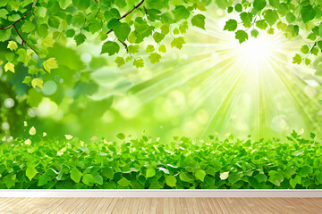 Wall Mural - Vibrant green foliage bursts with life under dappled sunlight, creating a natural bokeh frame