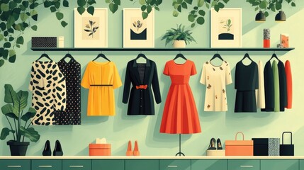 Poster - Fashionable Outfit Combinations for Visual Merchandising Flat Design Attractive product display and arrangement in a modern minimalist style with coordinating colors patterns and shapes
